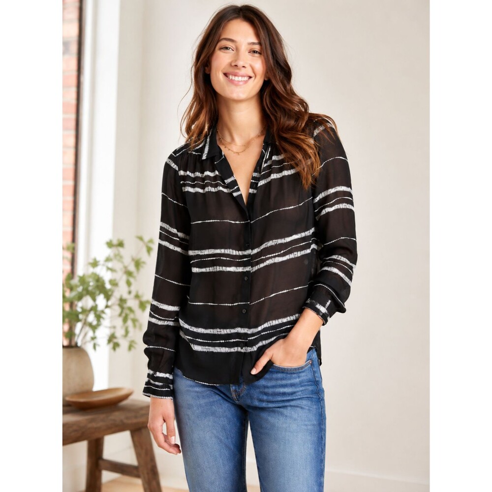 Cloth & Stone Shirt XS Sheer Striped Button Front Black White Casual Relaxed